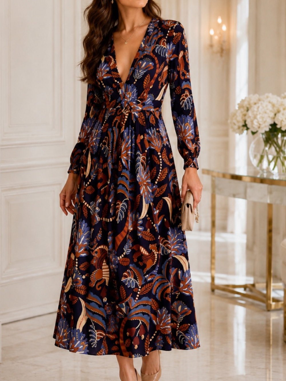 New FARM Rio Draped Printed Crepe Blue and Brown Floral Long Sleeve Dress S